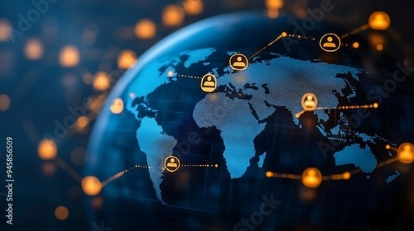 Fototapeta Global Network Connections Visualized on a Digital World Map for Modern Communication