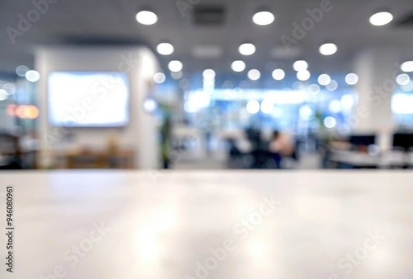 Fototapeta Blurred Interior with White Table and Overhead Lights