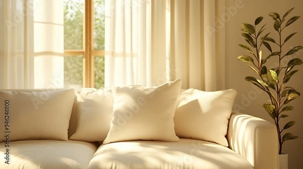 Fototapeta A cozy living room scene with a light sofa, pillows, and a plant by the window.