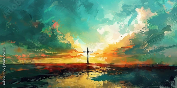 Fototapeta An abstract landscape painting with a cross silhouetted against a peaceful sky, offering a contemplative perspective on faith.