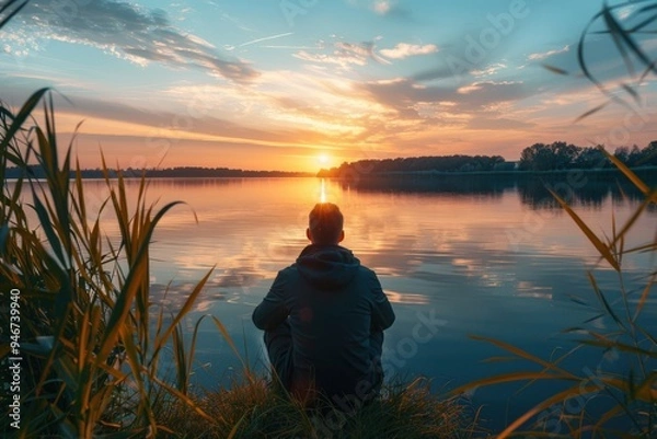 Fototapeta A man sits on the shore of a lake, watching the sun set, generative ai image