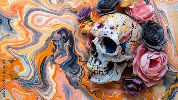 Fototapeta Halloween Skull with Flowers on Vibrant Abstract Background