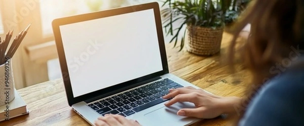 Fototapeta Close-Up of Woman Typing on MacBook Laptop with Blank Screen, Sitting at Wooden Desk in Home Office on Sunny Day, Featuring Bokeh Effect