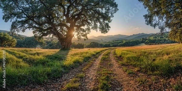 Fototapeta A majestic tree stands prominently in a picturesque countryside landscape, with a winding dirt path leading into the distance and the sun setting behind rolling hills