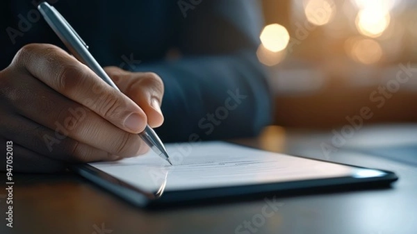 Fototapeta A person is writing on a tablet with a pen