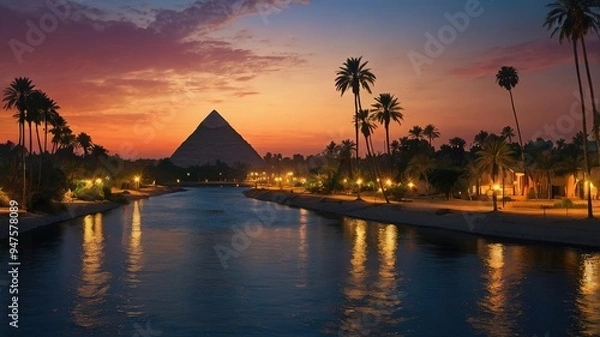 Fototapeta sunset over the pyramids background illustration photo