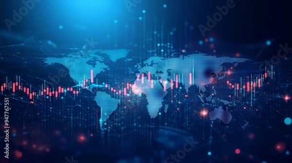 Fototapeta Abstract stock market candlesticks and world map on technology blue background. Low poly wireframe digital growing graph chart with glowing light effect. Vector business banner. Investment concept.