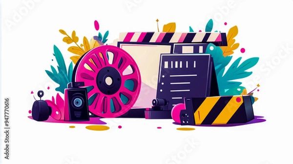 Fototapeta Flat  illustration of cinema elements, including film reel and clapperboard