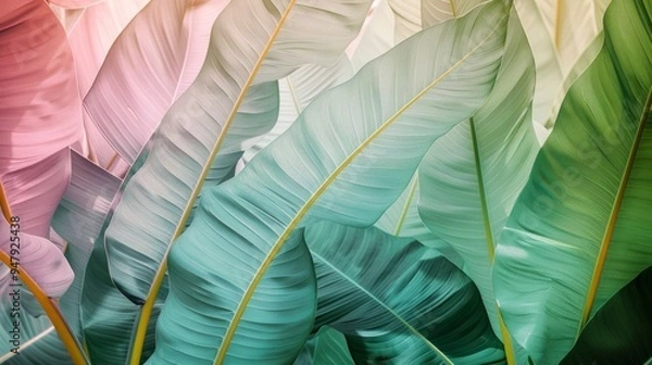 Fototapeta A collection of banana leaves with a translucent quality, allowing multiple layers to be visible. Beautiful wallpaper