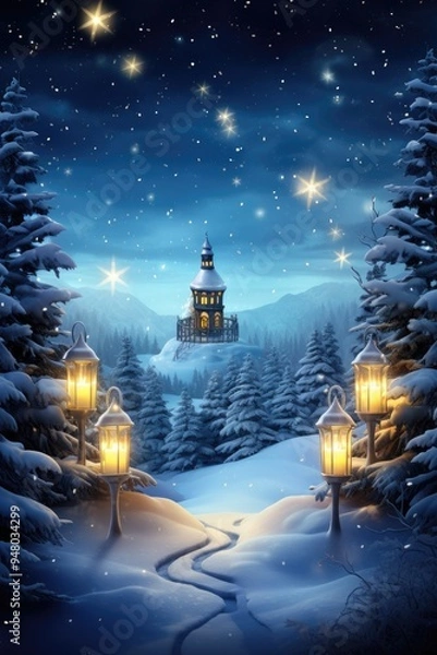 Fototapeta Beautiful magical winter wonderland solstice dream scene background, ai generated