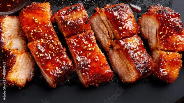 Obraz Sliced, glazed pork belly with crispy skin served on a dark plate, accompanied by a flavorful dipping sauce