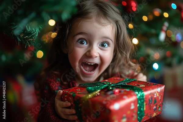 Fototapeta A joyful 5-year-old girl excitedly unwraps a Christmas gift under the glowing holiday tree