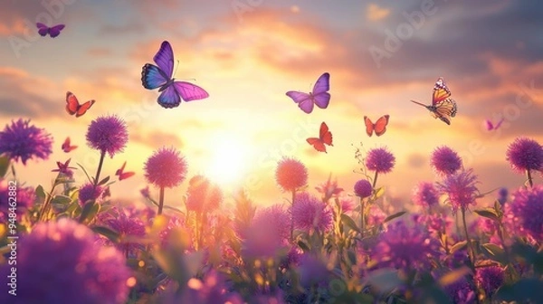 Fototapeta Beautiful field of globe amaranth in full bloom, butterflies fluttering under the sun, set against a realistic backdrop