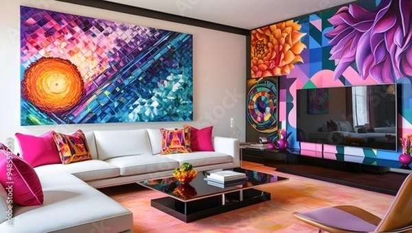 Fototapeta A living room with a large painting on the wall and a couch and coffee table in front of it, Alfred Manessier, geometric abstract art, vibrant color scheme, a pop art painting