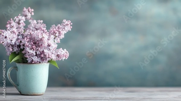 Fototapeta A pretty bunch of lavender flowers placed in a rustic blue ceramic mug sitting on a grey surface, providing a sense of calm and beauty with its simple elegance.