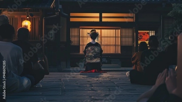 Fototapeta A woman in traditional Japanese dress sits in a dimly lit courtyard while others observe.