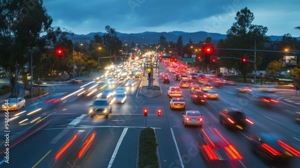 Fototapeta A nighttime image of a busy street with illuminated traffic signals and the vibrant motion of headlights and taillights, highlighting urban traffic at dusk.