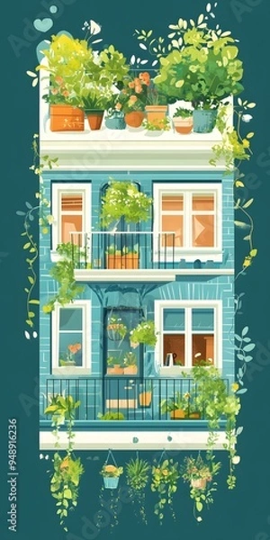 Fototapeta Illustration of a Blue House with a Balcony Full of Plants