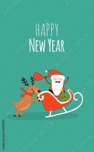 Fototapeta Happy New Year card. Santa Claus and Christmas deer. Vector illustration