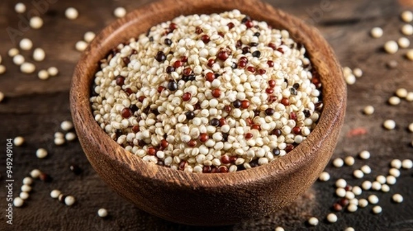 Fototapeta Close-up of organic quinoa in a wooden bowl, uncooked, white and red grains, soft light