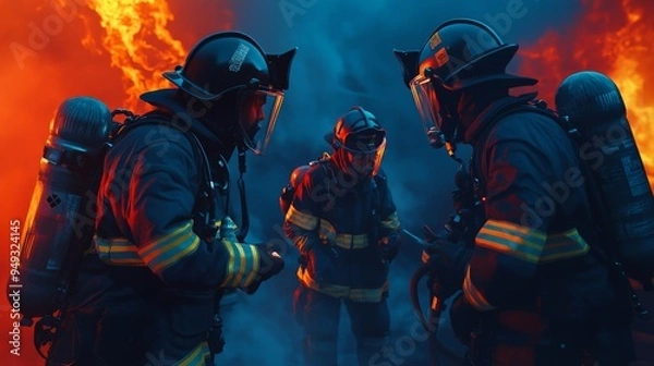 Fototapeta Three firefighters in full gear working together amidst intense flames and smoke during a dangerous rescue mission.