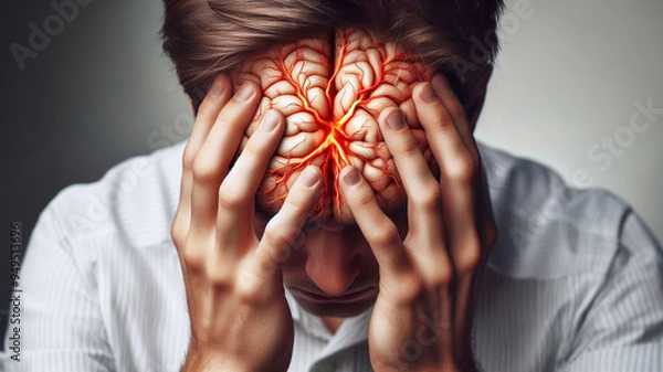 Fototapeta Man holding his sore head close-up, concept of migraine, headache, high blood pressure, depression