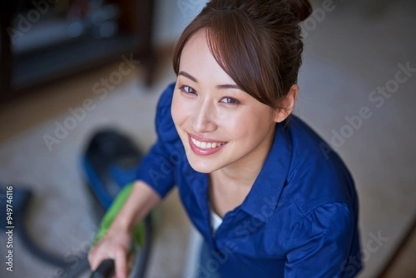 Obraz Happy house cleaning. Young woman smiling while cleaning, showing happiness and satisfaction with clean home.