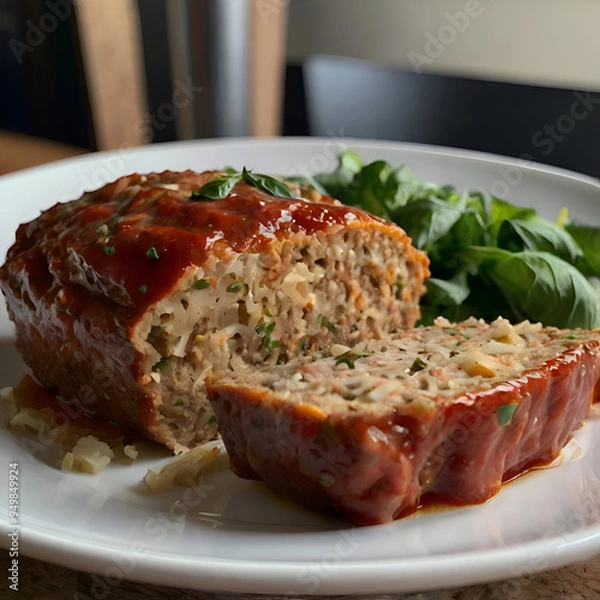 Fototapeta Homemade meatloaf with tomato sauce and parmesan cheese