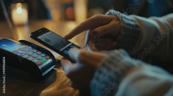 Fototapeta Woman paying with nfc technology on smartphone in restaurant