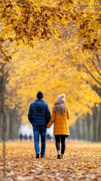 Fototapeta A couple strolling through a park in autumn, with fallen leaves and a relaxed atmosphere, representing leisurely moments in an urban green space