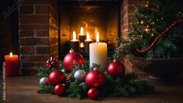 Obraz Christmas decorations and candles on top of a fireplace.