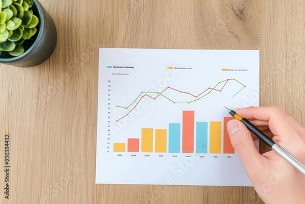 Fototapeta Annual financial report opened to a page with a detailed line chart, highlighted key data points, Report  line chart focus, precision and analysis