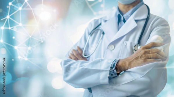 Fototapeta Stock photography of a doctor with crossed arms holding a stethoscope, ai in the background, bokeh