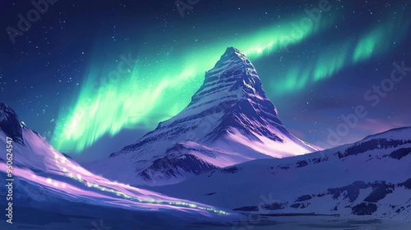 Fototapeta A majestic night scene showcasing a snow-covered mountain illuminated by the bright colors of the aurora borealis, under a starry sky, exuding beauty and awe.