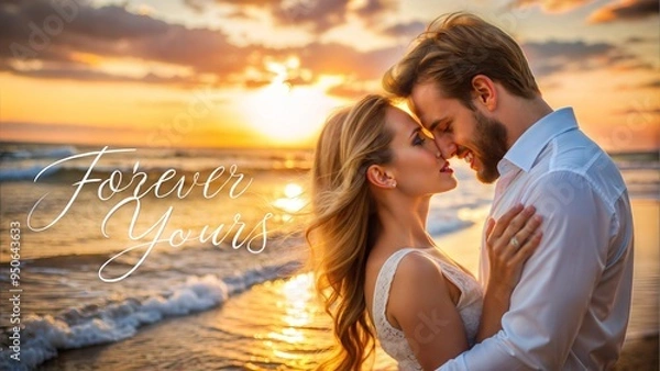 Fototapeta young couple embracing on the beach at sunset