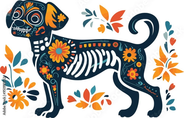 Fototapeta Day of the Dead, Dia de los muertos, dog skull and skeleton decorated with colorful Mexican elements and flowers