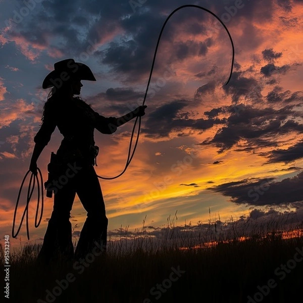 Fototapeta Cowgirl with a lasso in hand, her silhouette sharp against a twilight sky, embodying strength and independence