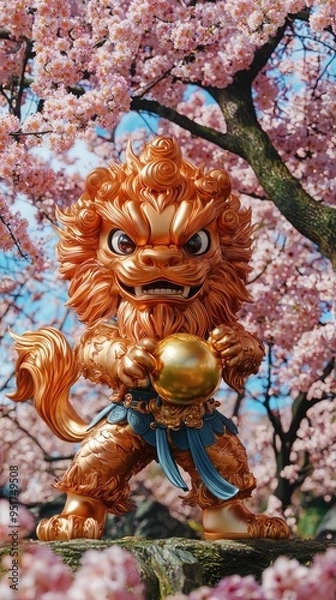 Fototapeta Golden Lion Guardian Statue Under Cherry Blossoms