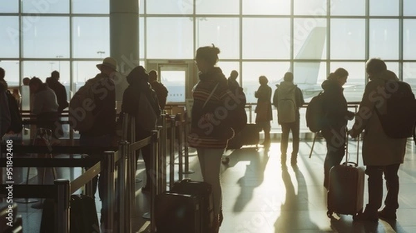 Fototapeta Passengers line up in a busy airport terminal, silhouetted by the morning sunlight streaming through large windows as they prepare for their travels.