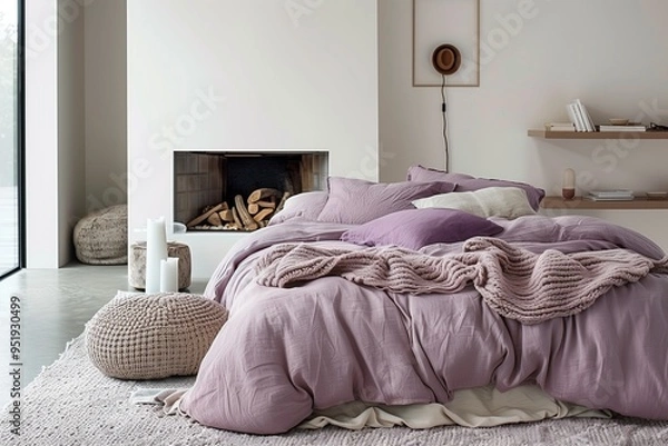 Fototapeta A large bed with purple linen bedding in front of the fireplace, white walls, interior design, light pink and lilac tones