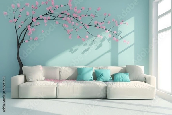 Fototapeta A light and airy space featuring a white sofa with aqua pillows, against a pastel blue wall adorned with a blossoming cherry tree mural.