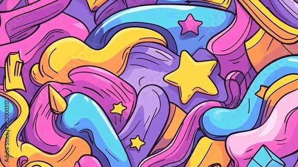 Fototapeta Colorful abstract illustration with vibrant swirls and playful stars in pink, blue, and purple tones.