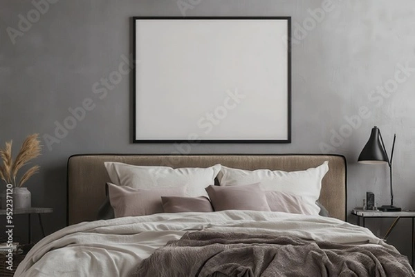 Fototapeta A modern bedroom featuring a neutral color palette and minimalist decor.