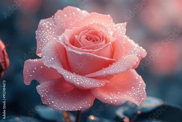 Fototapeta ethereal pink rose in full bloom petals unfurling against a softfocus backdrop delicate dew drops catch the light creating a dreamy romantic atmosphere