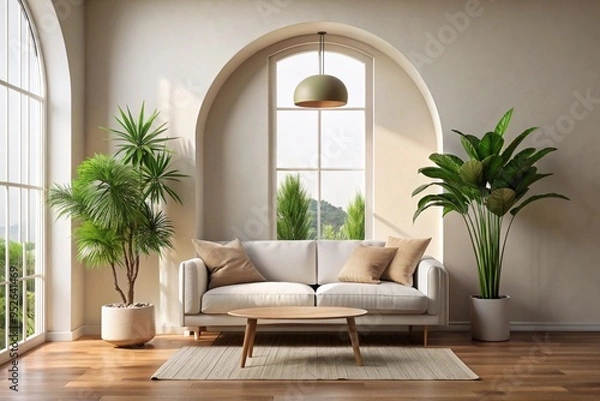 Fototapeta Minimalist home interior design of modern living room. White sofa and potted houseplants against arched window near beige wall with coffee space