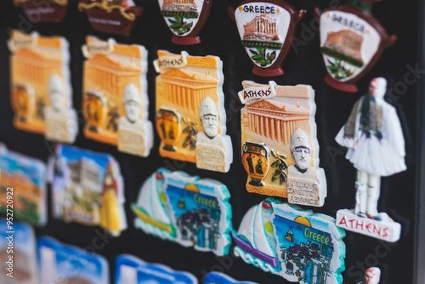 Fototapeta Traditional tourist souvenirs and gifts from Athens, fridge magnets with text "Athens", and key ring keychain, mugs and toys in a local vendor shop in Plaka district, Attica, Greece, greek souvenirs