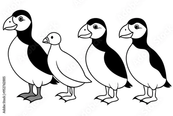 Fototapeta Four Puffins Linear Vector Art on White Background