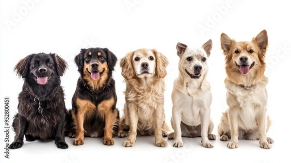 Fototapeta Five cheerful dogs sitting together on a white backdrop in a studio