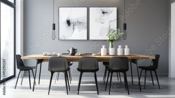 Fototapeta Modern Elegance: Wooden Table, Black Chairs, and Artistic Decor