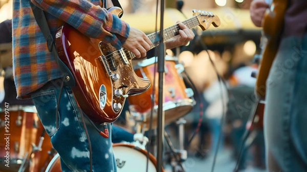 Fototapeta Music band live performance on city street outdoors. Drums and guitar musical instrument musicians, entertainment festival show, park, artist, event